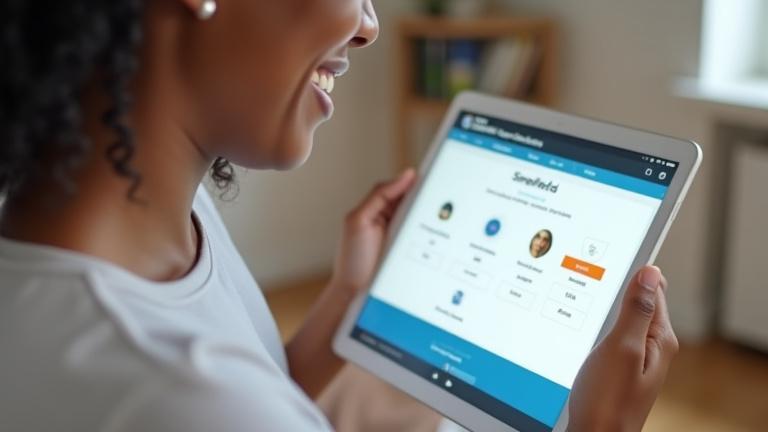 Studentin meldet sich freudig über eine elegante, mobilfreundliche Website-Oberfläche des City Community College zu Kursen an