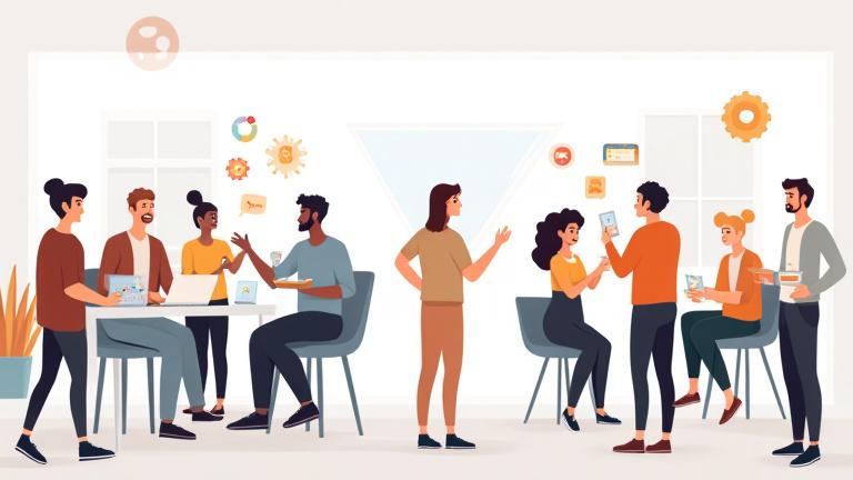 Illustration einer diversen Gruppe von Mitarbeitenden, die in einer gemischten virtuellen und physischen Umgebung zusammenarbeiten und lernen; stellt das neue Onboarding-Programm von Global Tech dar